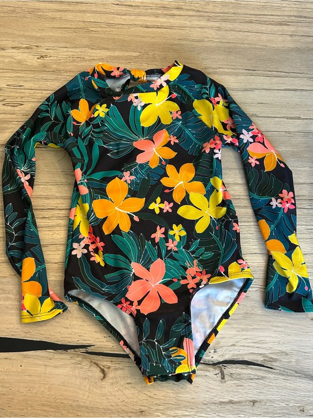 Old Navy Black Long-Sleeve Floral One-Piece Swimsuit - Yellow & Coral